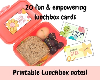 20 Lunch Box Note Cards Printable, Toddler & Kids Fun and Empowering and Positive Lunchbox Notes, Lunchtime Notes Digital Download