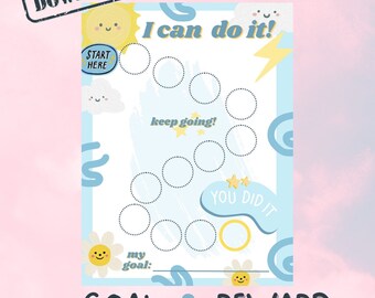 May include: A printable goal and reward chart with a blue and yellow color scheme. The chart features a sun, clouds, and stars. The text on the chart reads "I can do it!" and "keep going!"