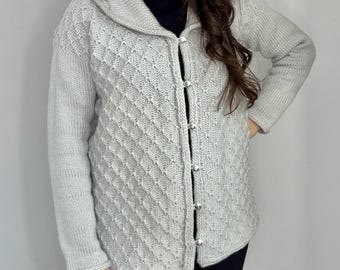 PDF Machine Knit Cardigan Pattern - XS-5X, Optional Buttons, Tuck Stitch, Single Flat Bed, Mid-Gauge, LK150, Diamond Lady Cardigan