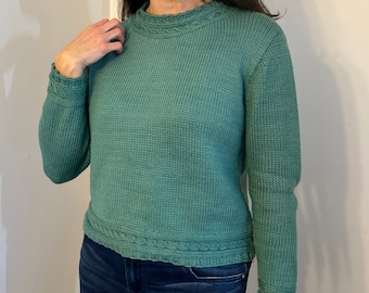 Maschinenstrick-Pullover-Muster, PDF, XS-5X, Langarm, Zopfmuster, Einzelbett, Bett flach, mittlere Maschenprobe, Video-Tutorial, Lovely Day Sweater Pullover