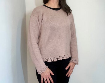 Knit Sweater Pattern PDF, Long Sleeve, Lace Edging (XS - 5X)