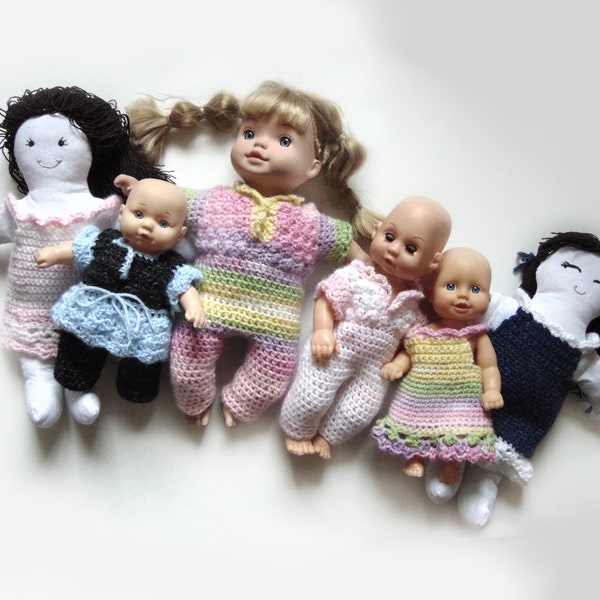 Crochet Pattern PDF, 8-10" Dolls - No More Naked Doll Clothes Crochet Collection - Dress/Shirt, Pants/Short, Sun Dress, and Shoes Pattern