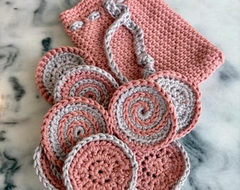 PDF Crochet Patterns 3-in-1, Face Rounds, Spiral, Drawstring Pouch, Sweet Dreams Spa Gift Set