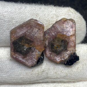 May include: Two rough-cut, natural gemstones. The stones have a translucent, pinkish-purple hue with dark inclusions and black bases. The crystals are displayed on a white, textured surface.