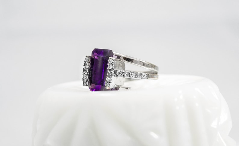 Art Deco Silver Gemstone Ring February Birthstone Amethyst Ring Size 5 Cocktail Ring