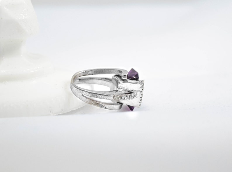 Art Deco Silver Gemstone Ring February Birthstone Amethyst Ring Size 5 Cocktail Ring