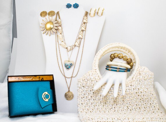 Vintage Jewelry Accessories Lot, Blue Leather Wall