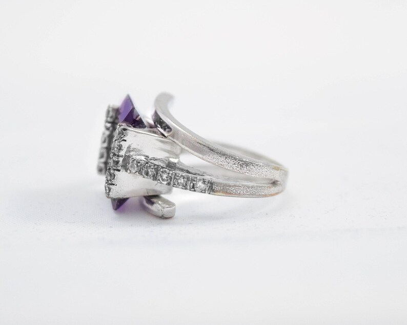 Art Deco Silver Gemstone Ring February Birthstone Amethyst Ring Size 5 Cocktail Ring