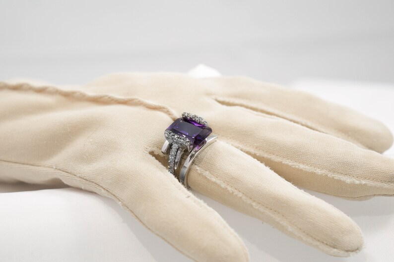 Art Deco Silver Gemstone Ring February Birthstone Amethyst Ring Size 5 Cocktail Ring
