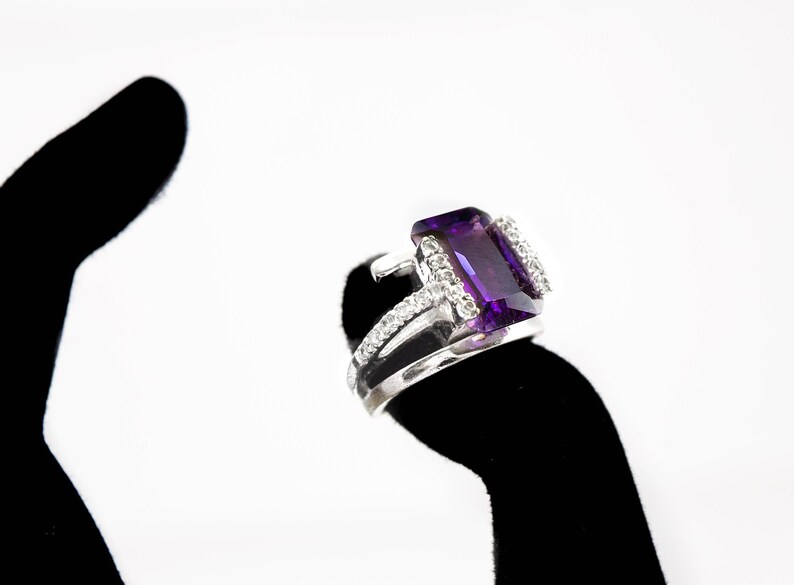 Art Deco Silver Gemstone Ring February Birthstone Amethyst Ring Size 5 Cocktail Ring