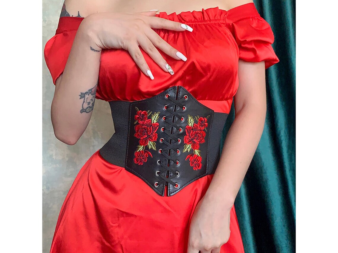 Embroidered Flower Belt Black Corset Belt Wide Leather Belt Etsy