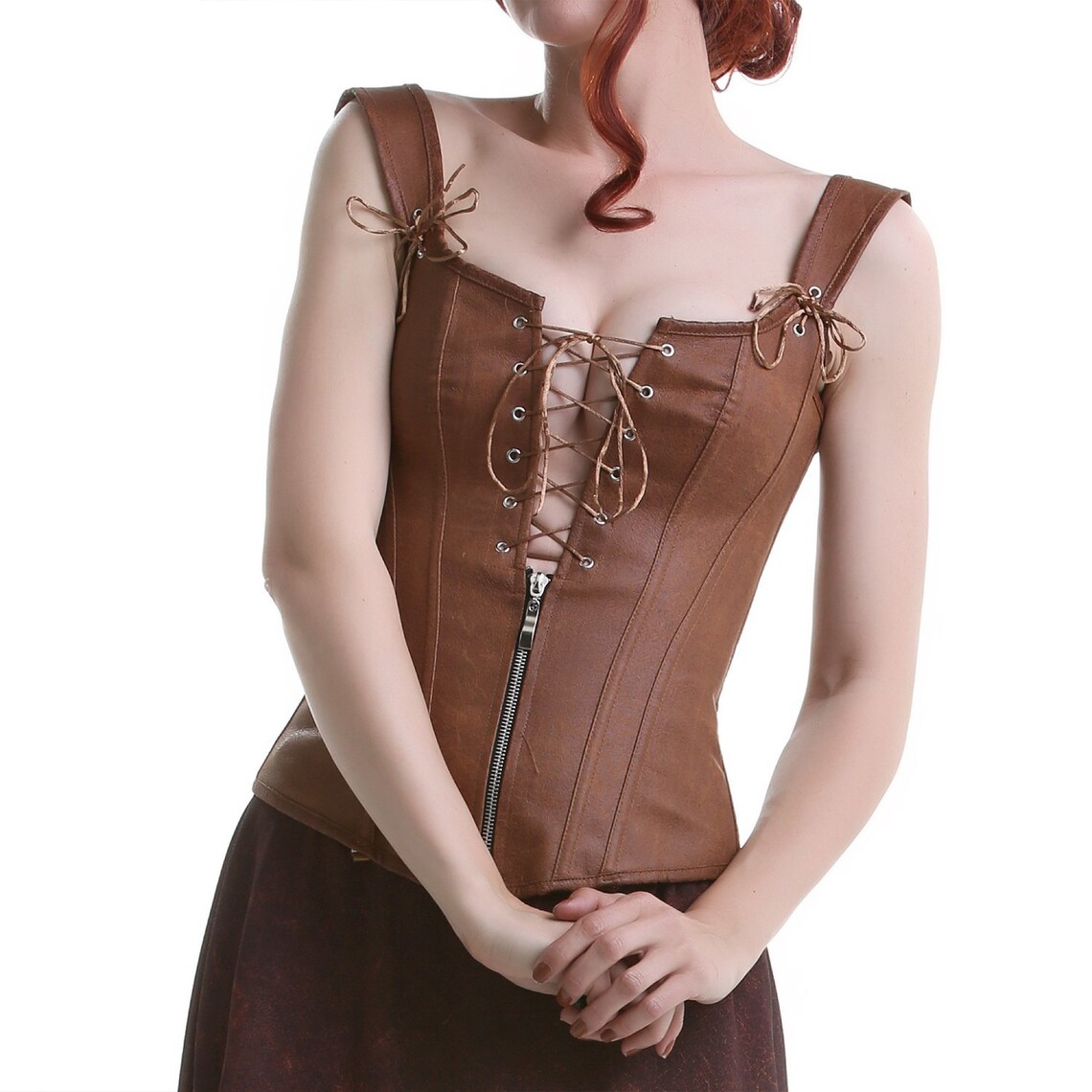 Brown faux leather corset top with garters steampunk clothing Etsy
