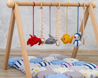 Wooden baby gym toys Nautical, baby play mat, baby play gym toys crochet, baby activity mat, wooden baby gym frame, play gym baby