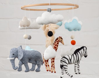 SALE! Baby Mobile Safari, Crib Mobile, Felt Animal Baby Mobile, Elephant, Giraffe, Zebra, Clouds Nursery Mobile, Neutral Baby Mobile