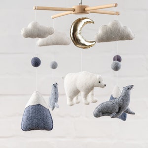 Polar bear baby mobile, crib mobile, nursery mobile, animal baby mobile, mountain mobile, neutral baby mobile, bear mobile, felt mobile