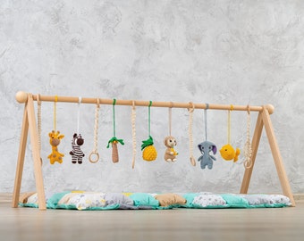 Twin baby gym toys, African baby play gym with toys and baby play mat, wooden play gym frame, baby activity mat, baby play gym toy