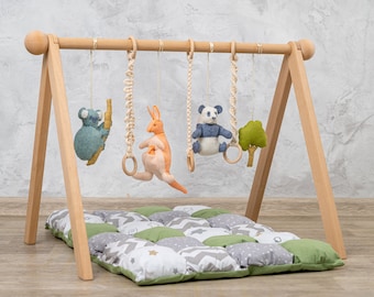 Academia Australian Dream para bebês com brinquedos de feltro para bebês e tapete de atividades para bebês, estrutura de madeira para academia para bebês, tapete de ginástica para bebês, academia de atividades para bebês