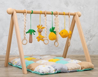 African baby gym with crochet toys and baby play mat, wooden baby gym frame, baby gym toys, baby play gym toys, crochet baby gym toy