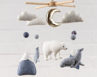 Polar bear baby mobile, crib mobile, nursery mobile, animal baby mobile, mountain mobile, neutral baby mobile, bear mobile, felt mobile