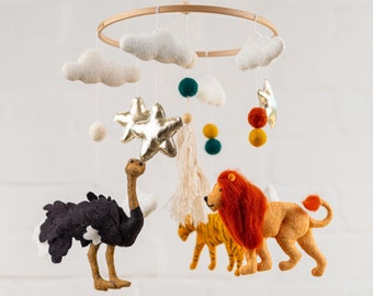 Baby Mobile, Jungle Mobile, Tropical Animal Crib Mobile, Tiger, Lion, Ostrich, Stars, Clouds Baby Nursery Mobile, Felt Mobil