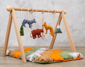 Woodland baby play gym with toys and baby activity mat, wooden baby gym frame, baby play mat, baby gym toy, baby activity gym, play gym toy