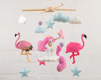 Flamingo baby mobile, Pink Unicorn crib mobile, nursery mobile, Montessori mobile, mobile for nursery, bird mobile for girl baby felt mobile