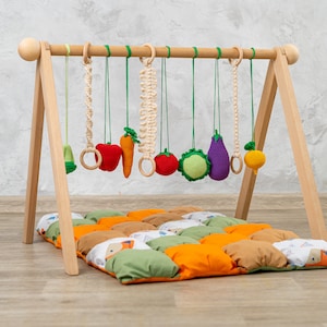 Vegetable baby gym toys and baby play mat, wooden baby gym, baby play gym, baby activity mat, baby gym mat, baby activity gym, play gym toy image 1