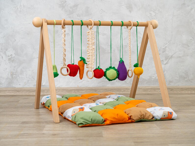 Vegetable baby gym toys and baby play mat, wooden baby gym, baby play gym, baby activity mat, baby gym mat, baby activity gym, play gym toy image 1