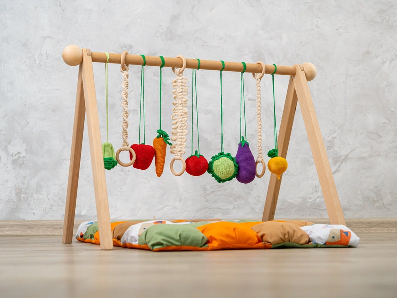 Vegetable baby gym toys and baby play mat, wooden baby gym, baby play gym, baby activity mat, baby gym mat, baby activity gym, play gym toy image 2