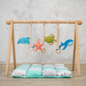 Ocean Whale baby gym toys, baby play gym with felt toys, wooden play gym, baby play mat, play gym toy, baby activity mat, baby play gym toy image 3