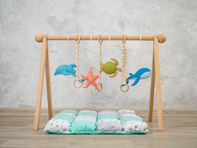 Ocean Whale baby gym toys, baby play gym with felt toys, wooden play gym, baby play mat, play gym toy, baby activity mat, baby play gym toy image 3