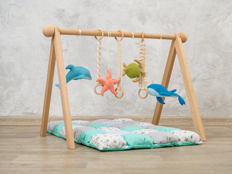 Ocean Whale baby gym toys, baby play gym with felt toys, wooden play gym, baby play mat, play gym toy, baby activity mat, baby play gym toy image 1