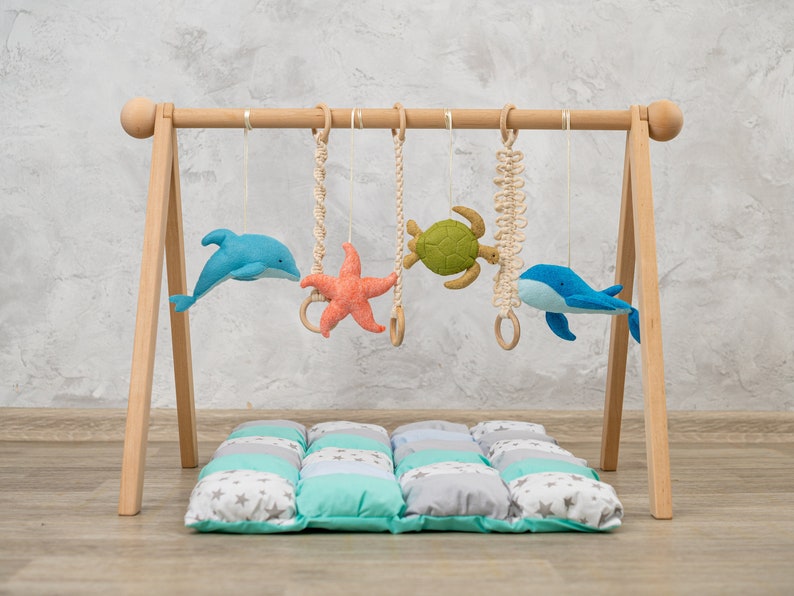 Ocean Whale baby gym toys, baby play gym with felt toys, wooden play gym, baby play mat, play gym toy, baby activity mat, baby play gym toy image 2