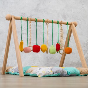 May include: A wooden play gym with a colorful assortment of hanging fruit-shaped toys, including a banana, apple, lemon, pear, watermelon, and orange. The gym is set up on a multi-colored padded play mat.