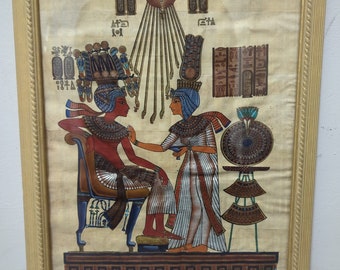 Egyptian Papyrus Painting King Tut & Nefertari 16" x 12" Framed