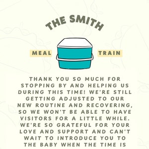 Letreros editables para el tren de comidas / Adhesivos para preparar comidas en el congelador / Letrero de no recibir visitas / Instrucciones para dejar a los niños en el lugar de entrega / Letrero imprimible para el tren de comidas para nuevos padres