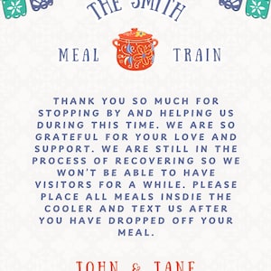 May include: A decorative card with the text "The Smith Meal Train" and a red pot illustration. The card includes a message of gratitude and instructions for meal drop-offs, signed by John & Jane.