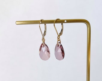 Crystal Birthstone Teardrop Pendant Earrings - Birthstone Dangle Earring, Personalized, Gold Filled, Leverback, Gemstone Dainty