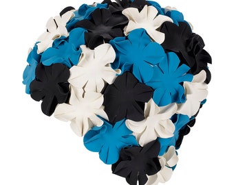 Bonnet de bain fleuri classique pour femme, style rétro, style vintage, caoutchouc souple, facile à enfiler, joli bonnet de bain, bleu tendance, noir blanc