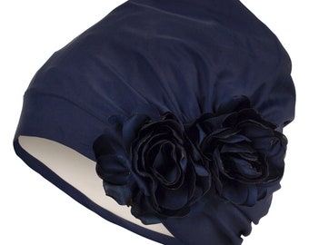 Navy Flower Swim Turban By Fashy Ladies Swimming Hat 3451 Womens Stylish Swim Cap Floral