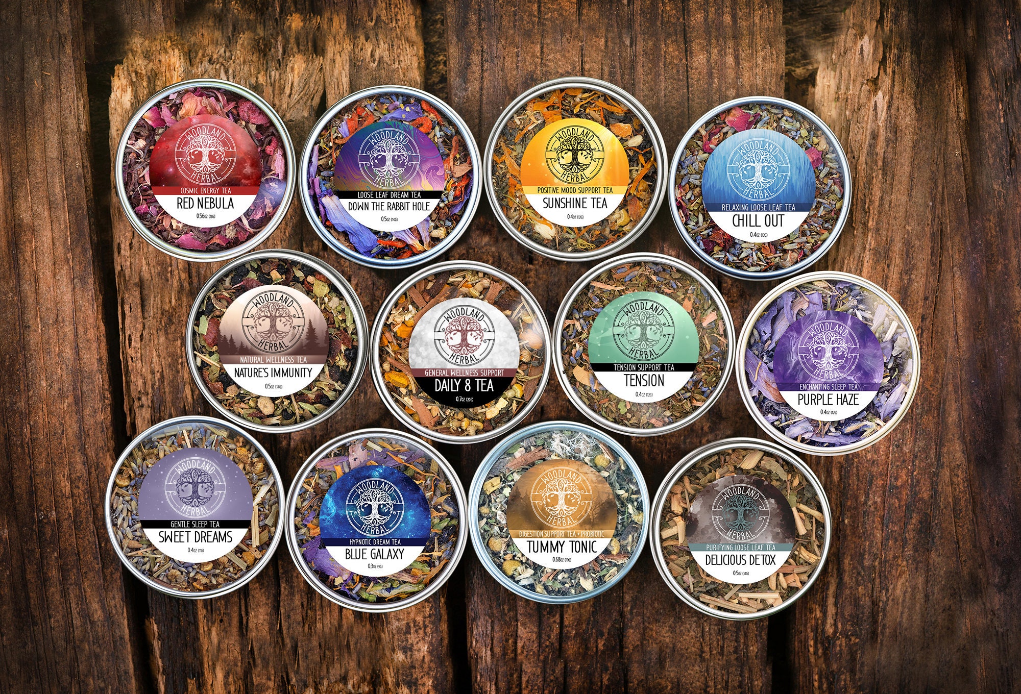 12 Tea Collection Sampler - Try Our Natural Loose Leaf Teas - Organic Tea. Wellness, Calm, Focus, Relaxation, Energy, Dreams, etc
