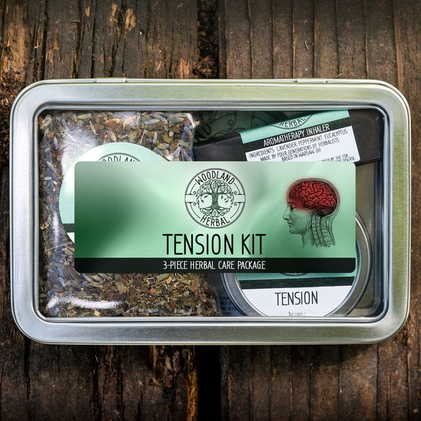 Tension Kit - 3-Piece Care Package of Herbal Goodness. Perfect Gift Includes Salve, Aromatherapy, Tea