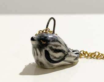 Ceramic black and white striped bird magpie charm necklace pendant