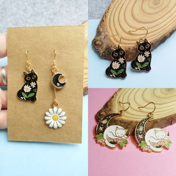 Cat charm earrings - Cat on the moon - Black cat - Mismatched earrings - Dangle earrings - Cat lover gift