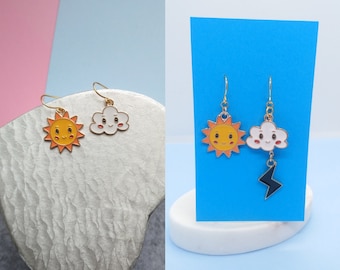 Sun and cloud mismatched earrings - Lightning earrings - Enamel charm earrings - Fun earrings - Gift for someone special