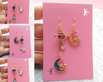 Pendientes desiguales - Estilos mixtos - Pendientes de cohete - Pendientes lindos - Espacio - Planeta - Luna - Regalo para un amigo