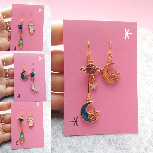 Pendientes desiguales - Estilos mixtos - Pendientes de cohete - Pendientes lindos - Espacio - Planeta - Luna - Regalo para un amigo