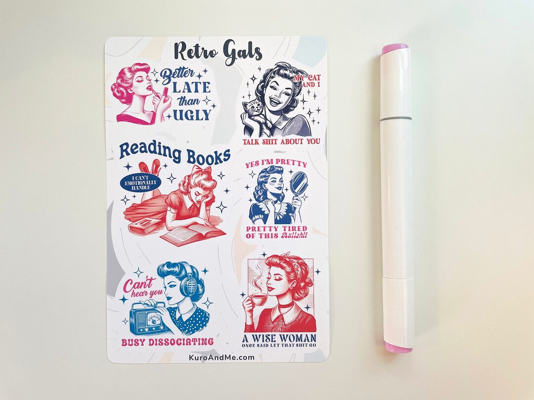 Waterproof Retro Gal Sticker Sheet: Sarcastic Journal Stickers - Etsy