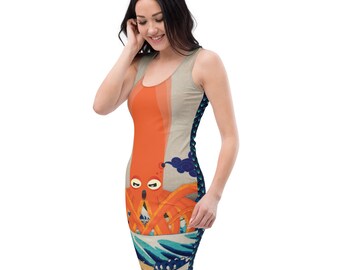 Vestido - Squidoodle vs. The Great Wave off Kanagawa con acentos de patrón de Seigaiha Waves