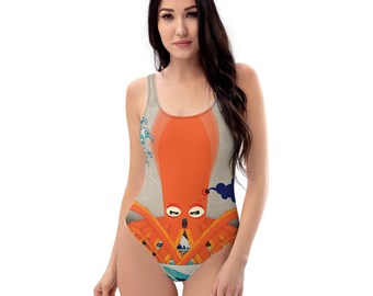 Traje de baño de una pieza - Squidoodle vs. The Great Wave off Kanagawa con acentos de patrón Seigaiha Waves